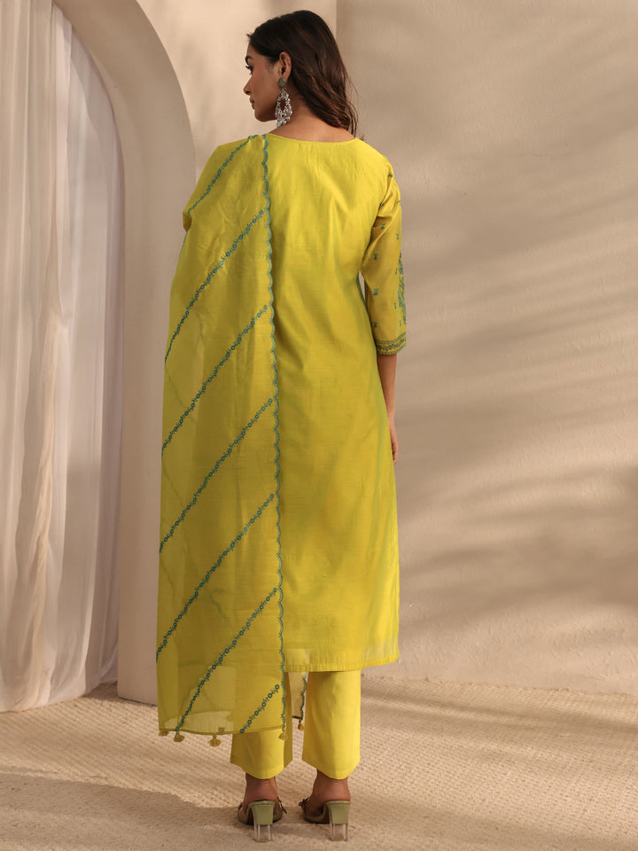 Libas Art Lime Green Embroidered Silk Blend Straight Suit Set With Dupatta