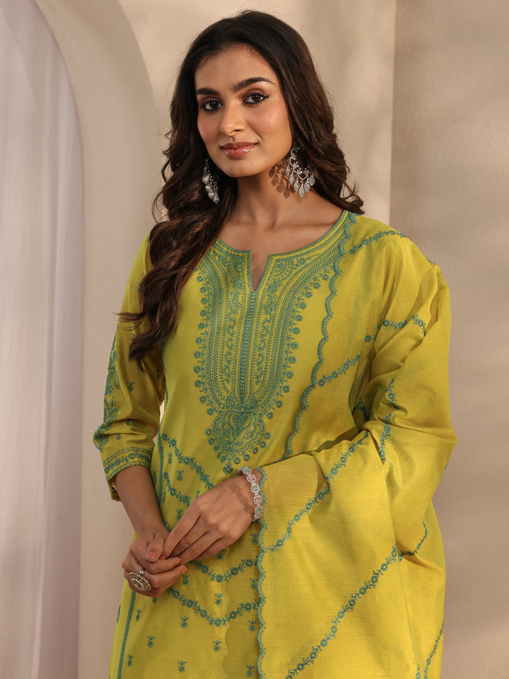 Libas Art Lime Green Embroidered Silk Blend Straight Suit Set With Dupatta