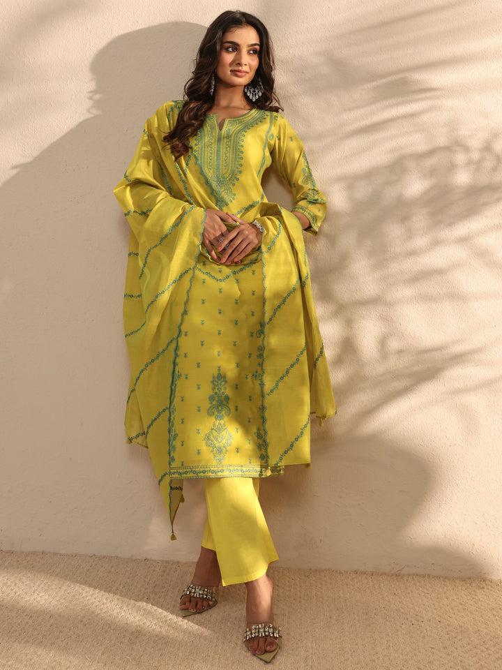 Libas Art Lime Green Embroidered Silk Blend Straight Suit Set With Dupatta