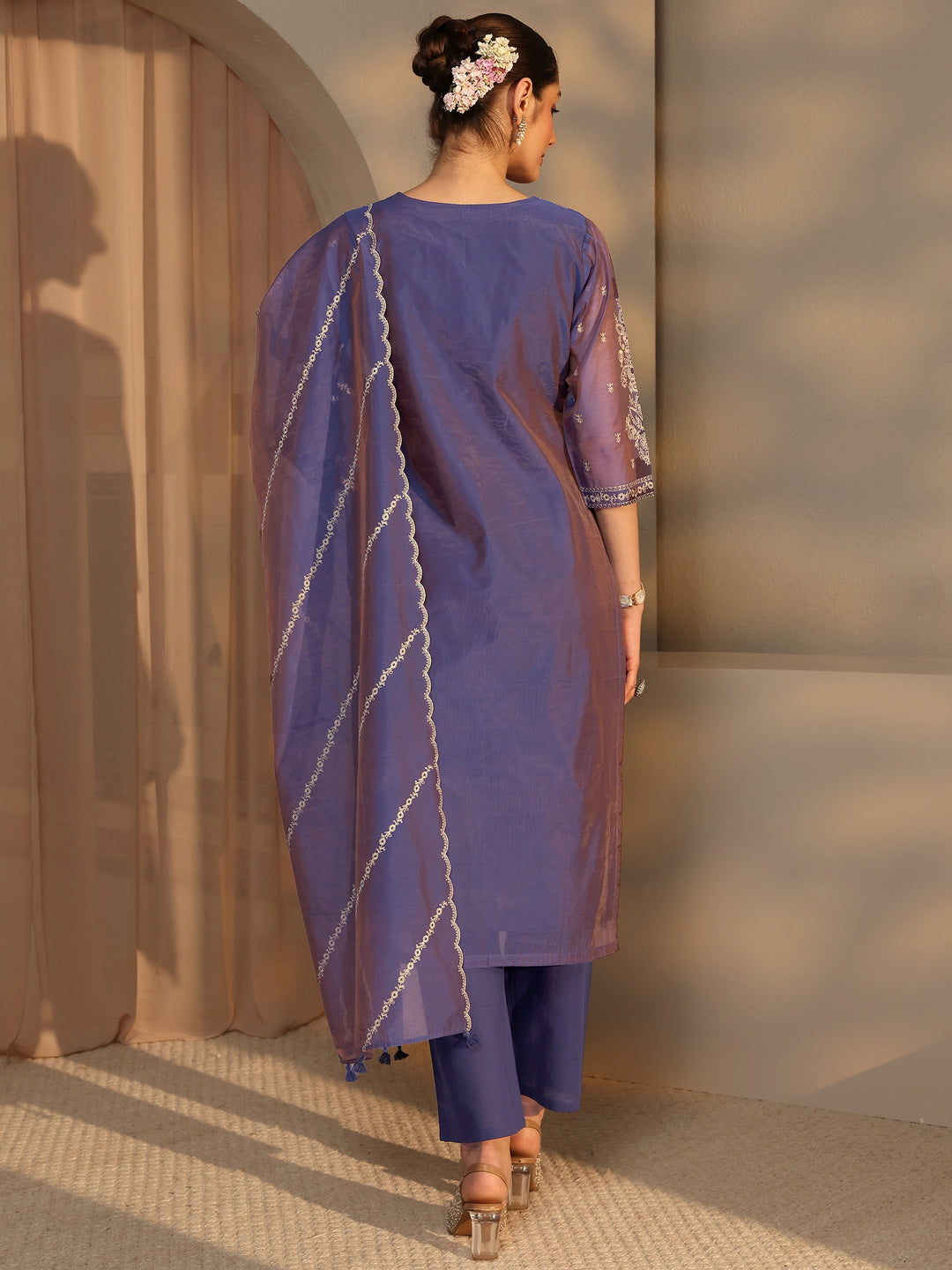 Libas Art Purple Embroidered Silk Blend Straight Suit Set With Dupatta