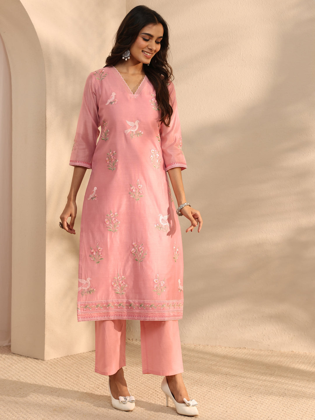 Libas Art Pink Embroidered Silk Blend Straight Suit Set With Dupatta