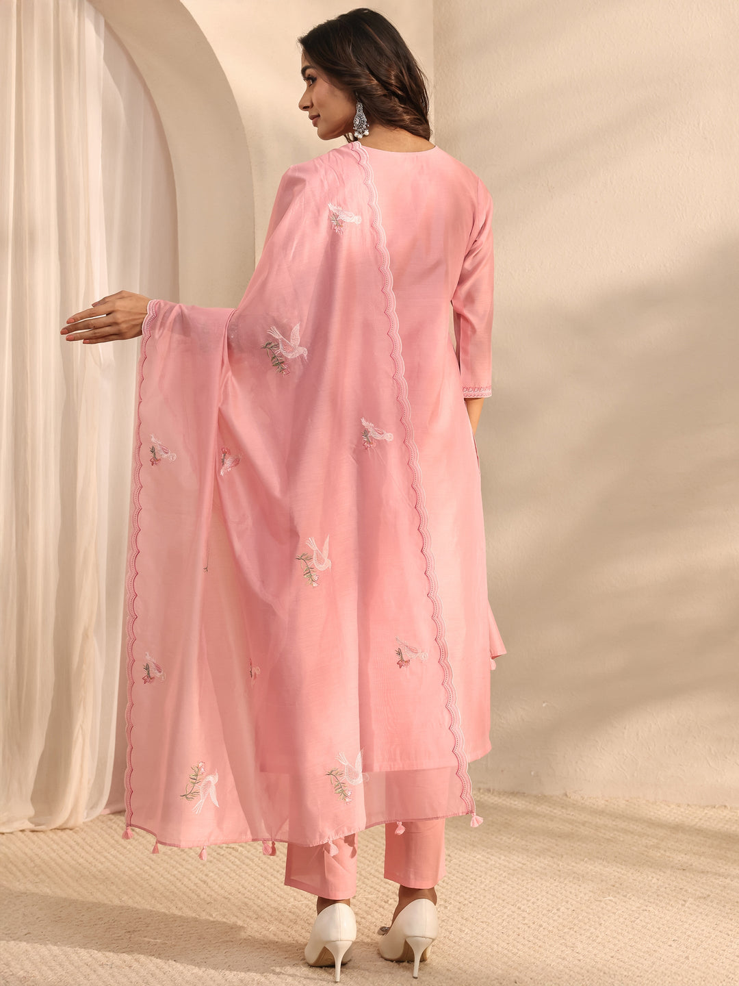 Libas Art Pink Embroidered Silk Blend Straight Suit Set With Dupatta