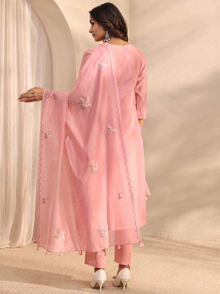 Libas Art Pink Embroidered Silk Blend Straight Suit Set With Dupatta