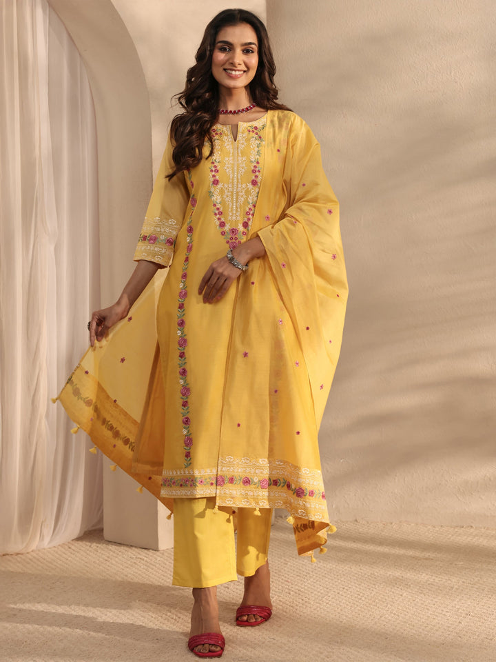 Libas Art Yellow Embroidered Silk Blend Straight Suit Set With Dupatta