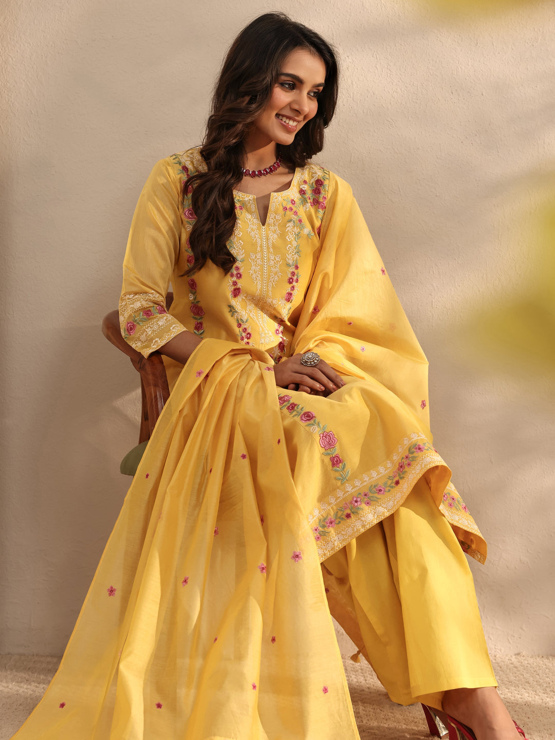 Libas Art Yellow Embroidered Silk Blend Straight Suit Set With Dupatta
