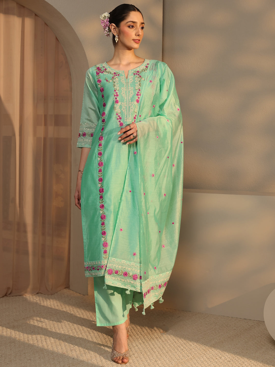 Libas Art Green Floral Embroidered Silk Blend Straight Suit Set With Dupatta