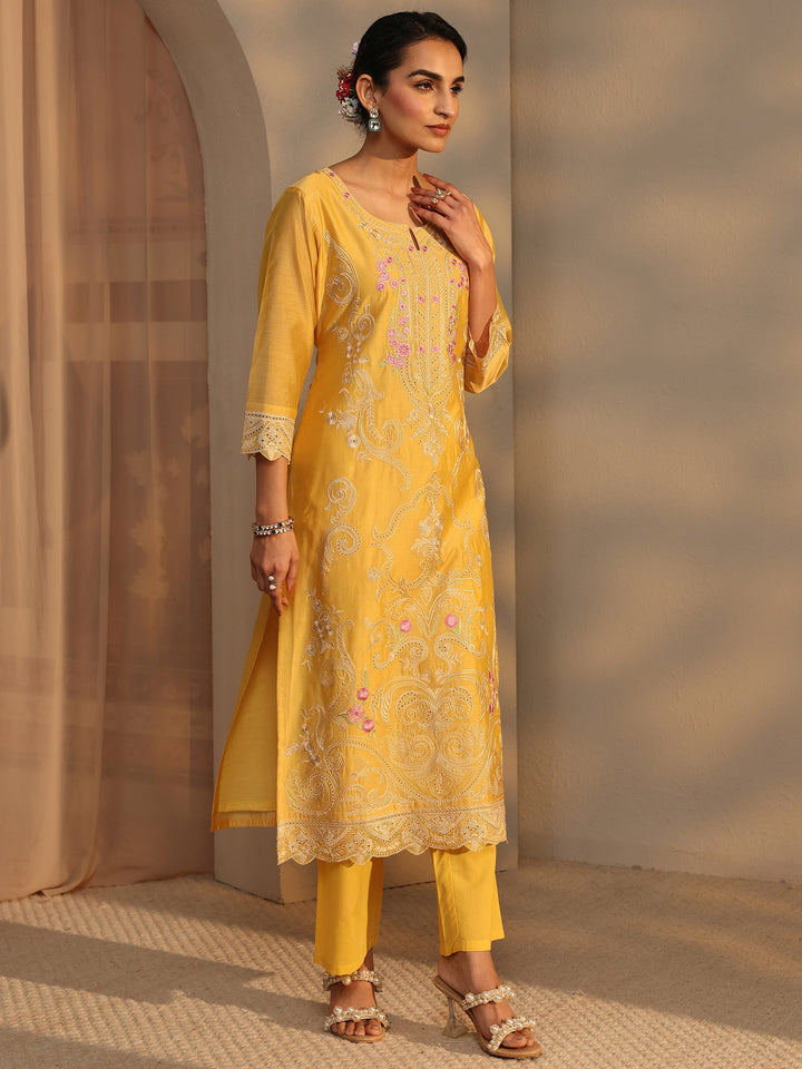 Libas Art Yellow Embroidered Silk Blend Straight Suit Set With Dupatta