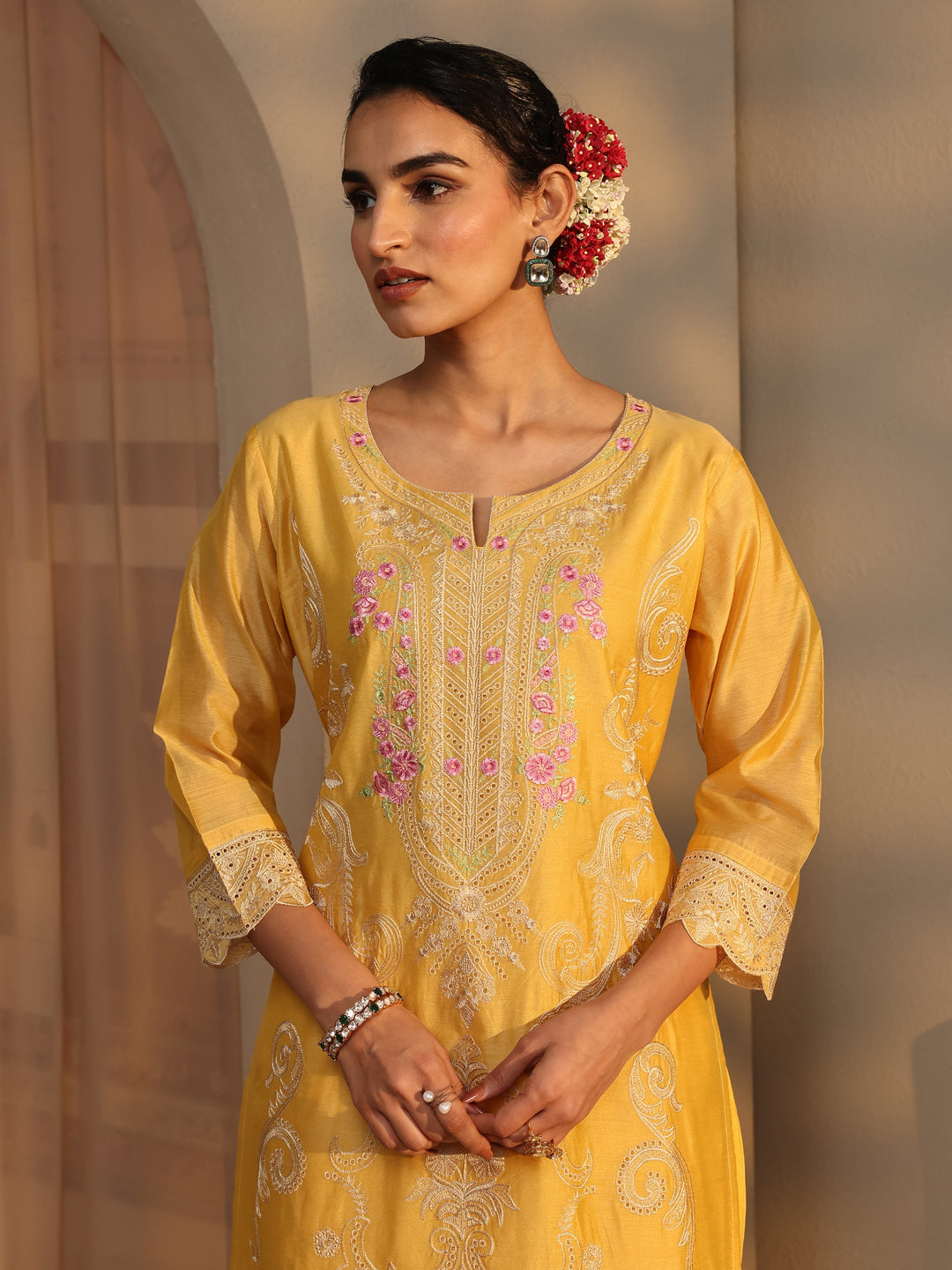 Libas Art Yellow Embroidered Silk Blend Straight Suit Set With Dupatta
