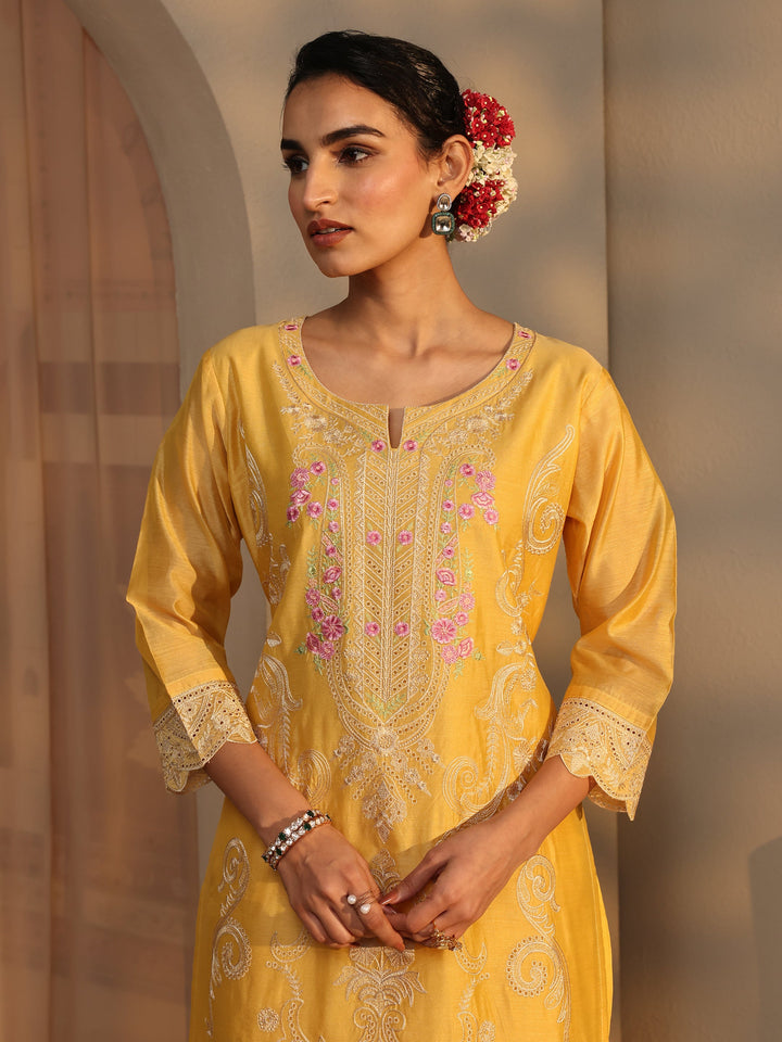 Libas Art Yellow Embroidered Silk Blend Straight Suit Set With Dupatta