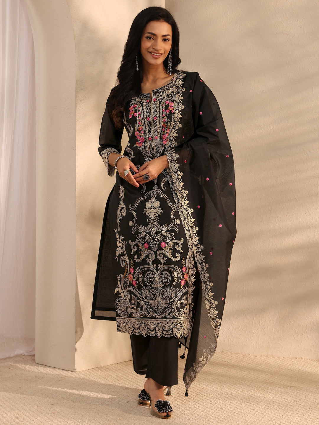 Libas Art Black Floral Embroidered Silk Blend Straight Suit Set With Dupatta