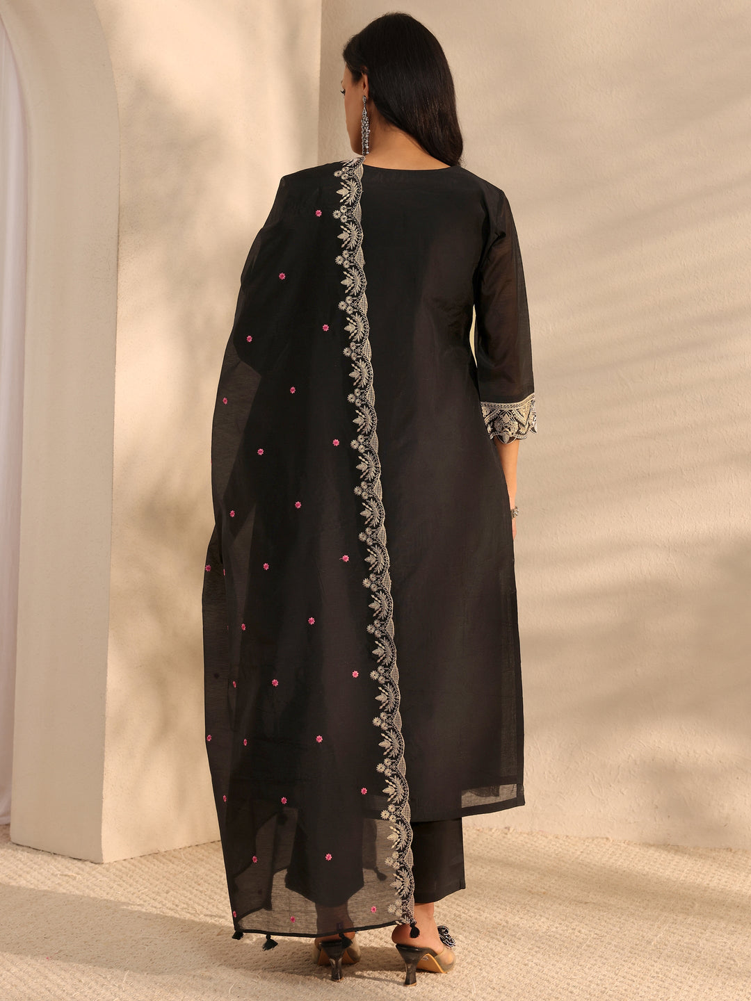 Libas Art Black Floral Embroidered Silk Blend Straight Suit Set With Dupatta