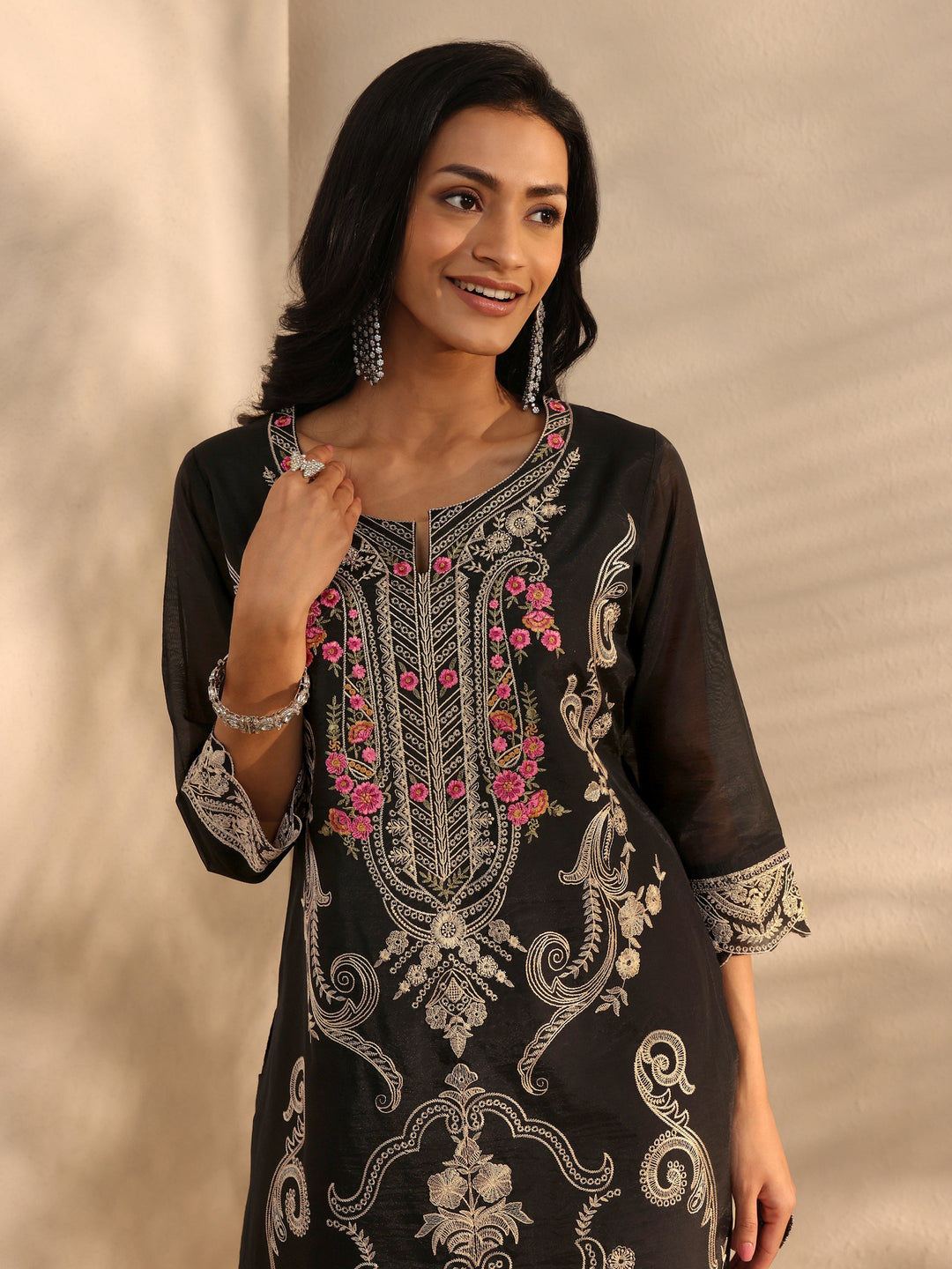Libas Art Black Floral Embroidered Silk Blend Straight Suit Set With Dupatta