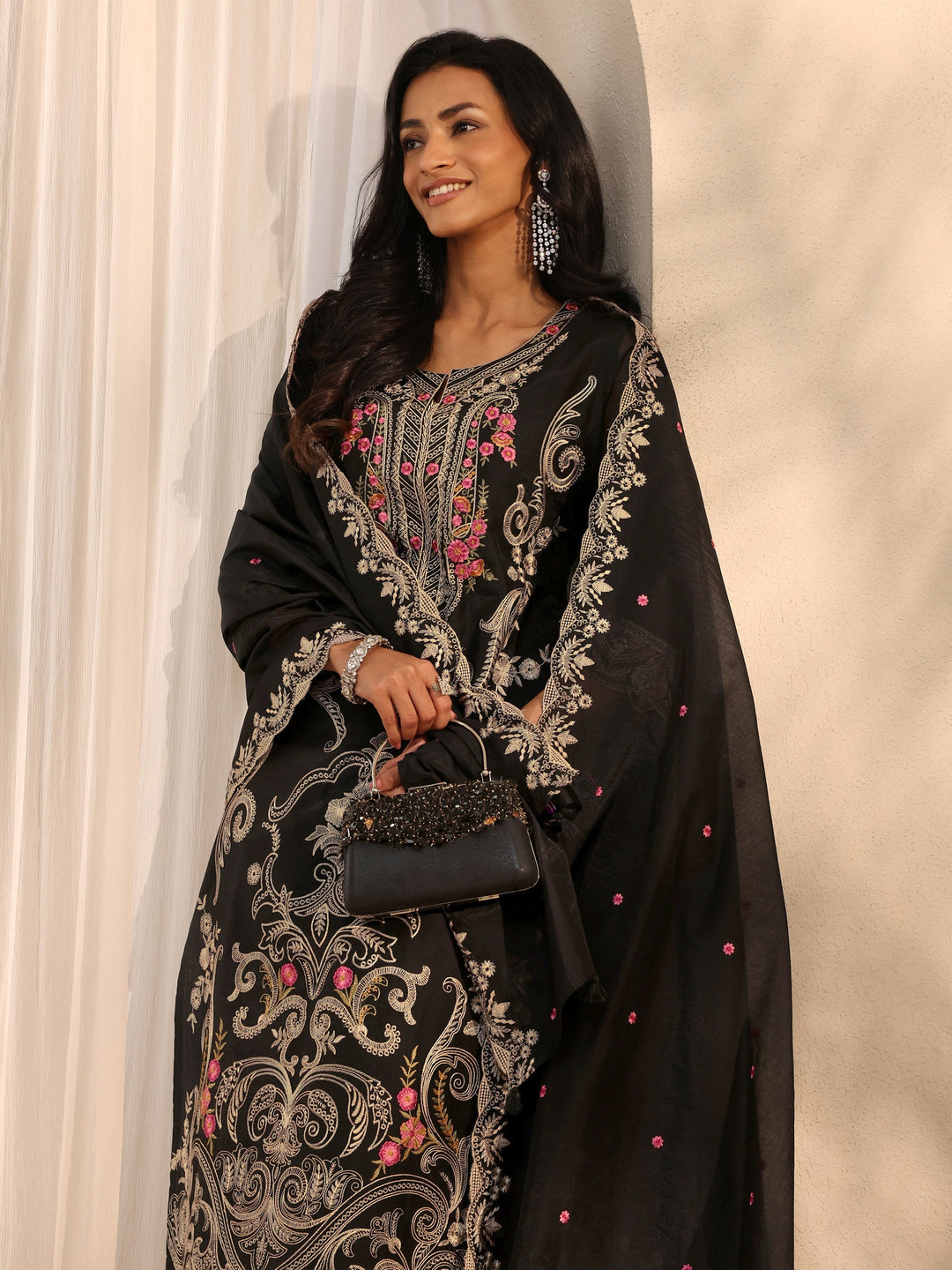 Libas Art Black Floral Embroidered Silk Blend Straight Suit Set With Dupatta