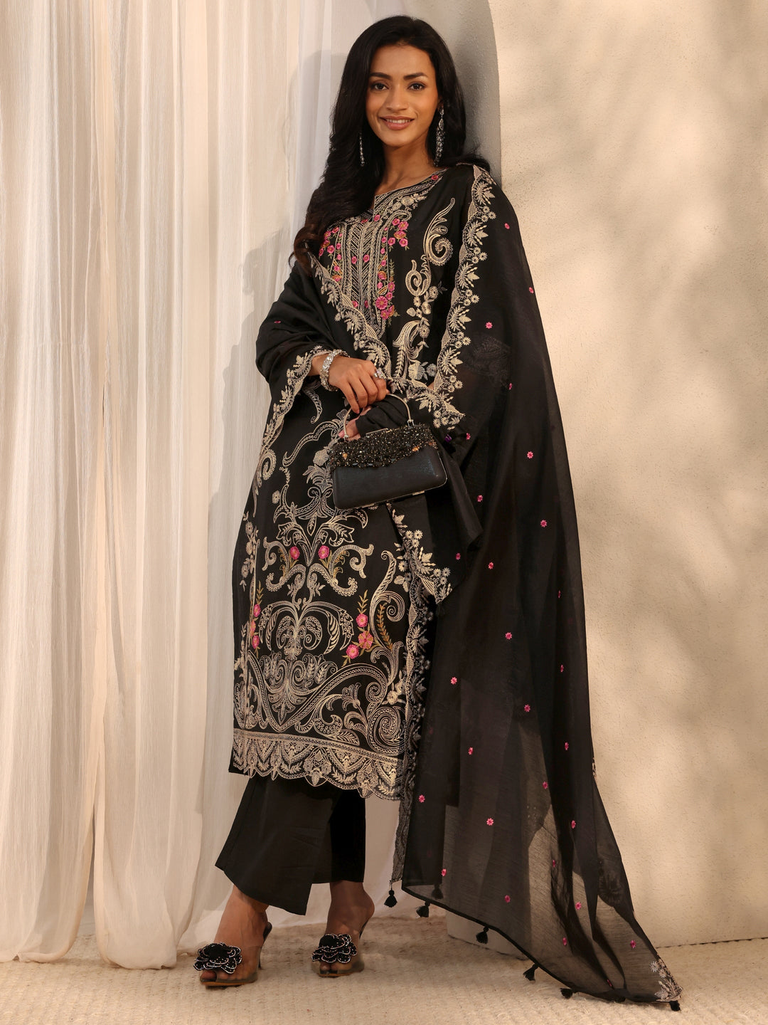 Libas Art Black Floral Embroidered Silk Blend Straight Suit Set With Dupatta