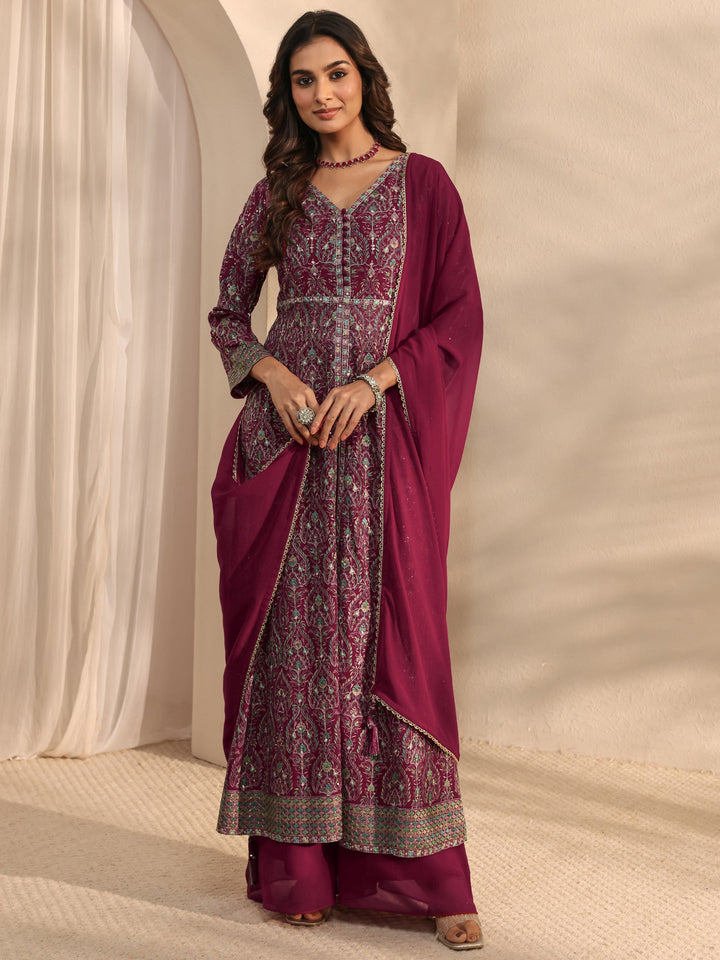 Libas Art Pink Floral Embroidered Georgette Anarkali Suit Set With Dupatta