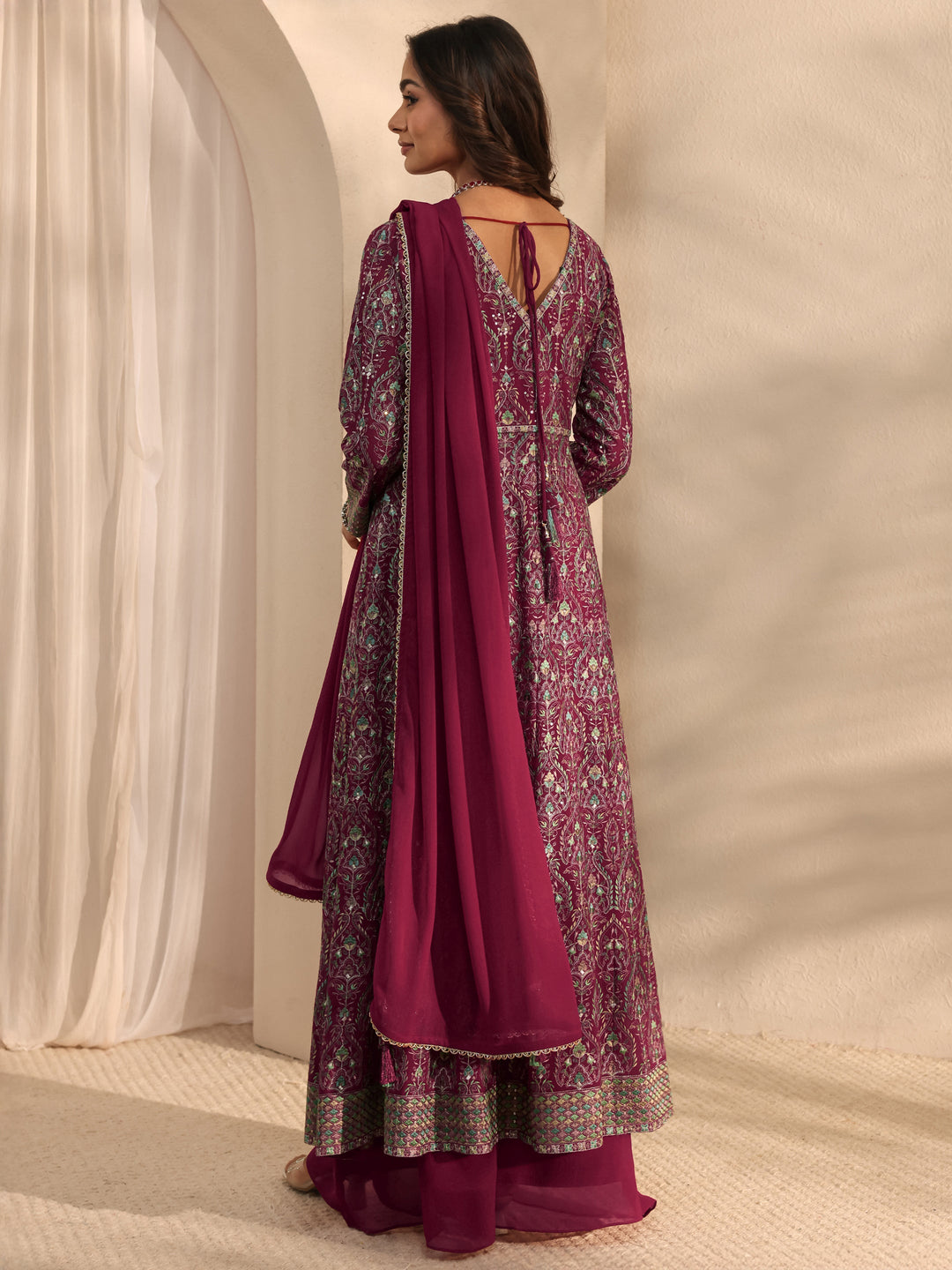 Libas Art Pink Floral Embroidered Georgette Anarkali Suit Set With Dupatta