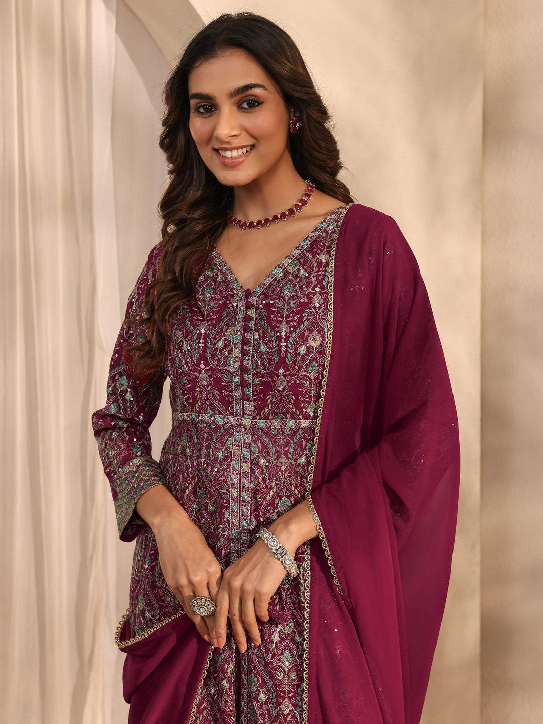 Libas Art Pink Floral Embroidered Georgette Anarkali Suit Set With Dupatta