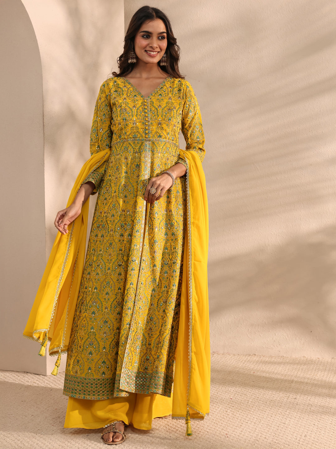 Libas Art Mustard Embroidered Georgette A-Line Suit Set With Dupatta