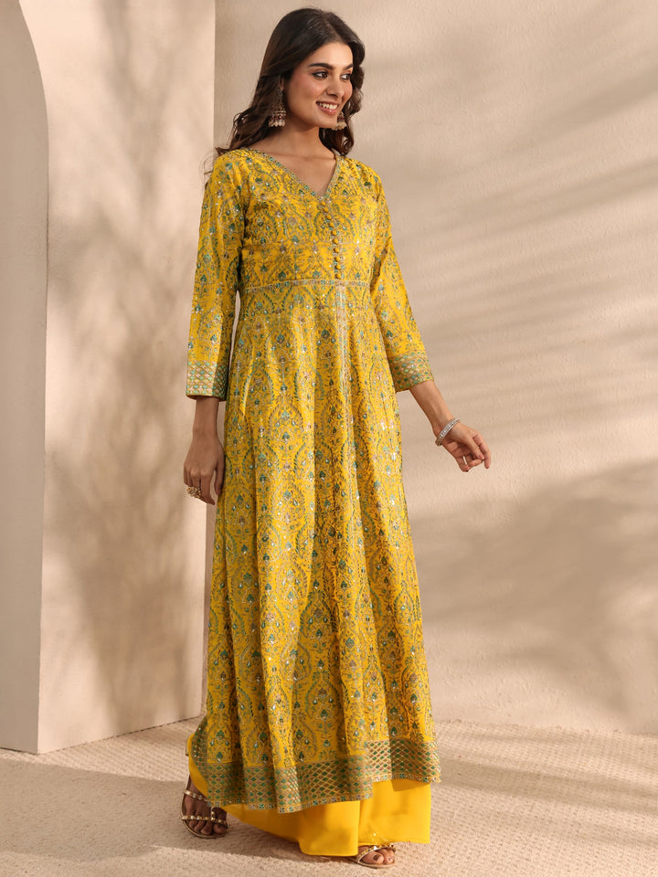 Libas Art Mustard Embroidered Georgette A-Line Suit Set With Dupatta