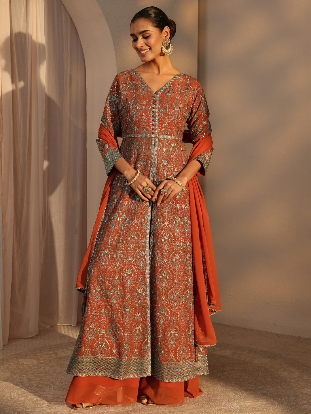 Libas Art Orange Embroidered Georgette A-Line Suits Set With Dupatta