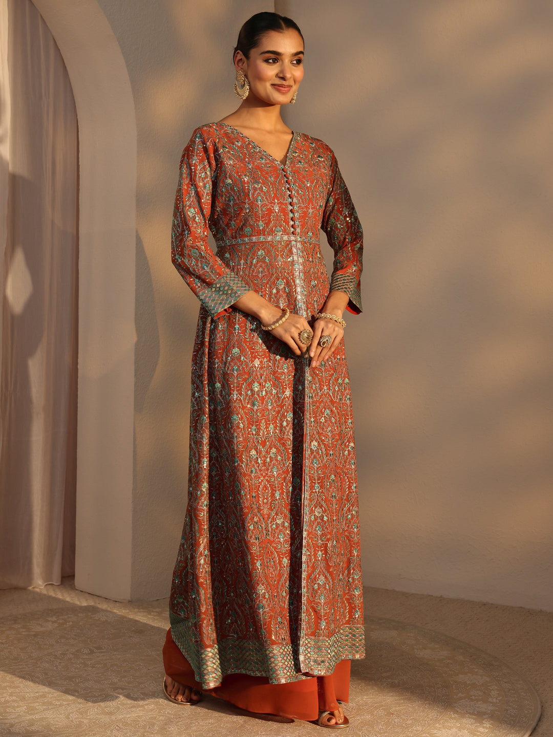 Libas Art Orange Embroidered Georgette A-Line Suits Set With Dupatta