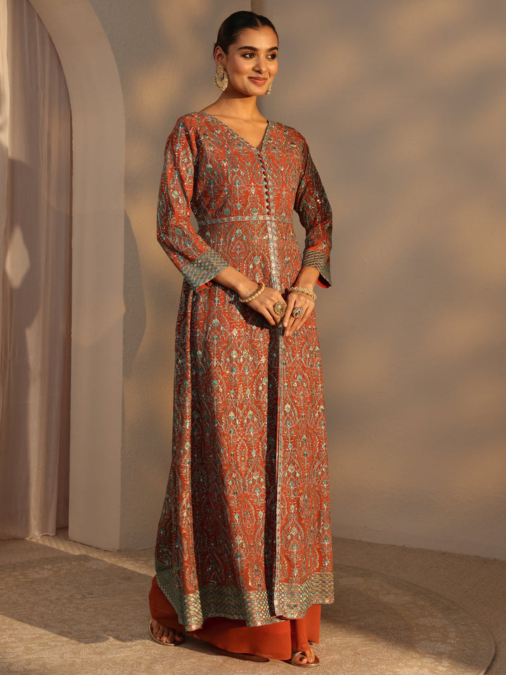 Libas Art Orange Embroidered Georgette A-Line Suits Set With Dupatta