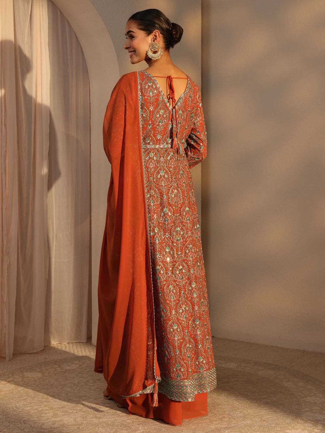 Libas Art Orange Embroidered Georgette A-Line Suits Set With Dupatta