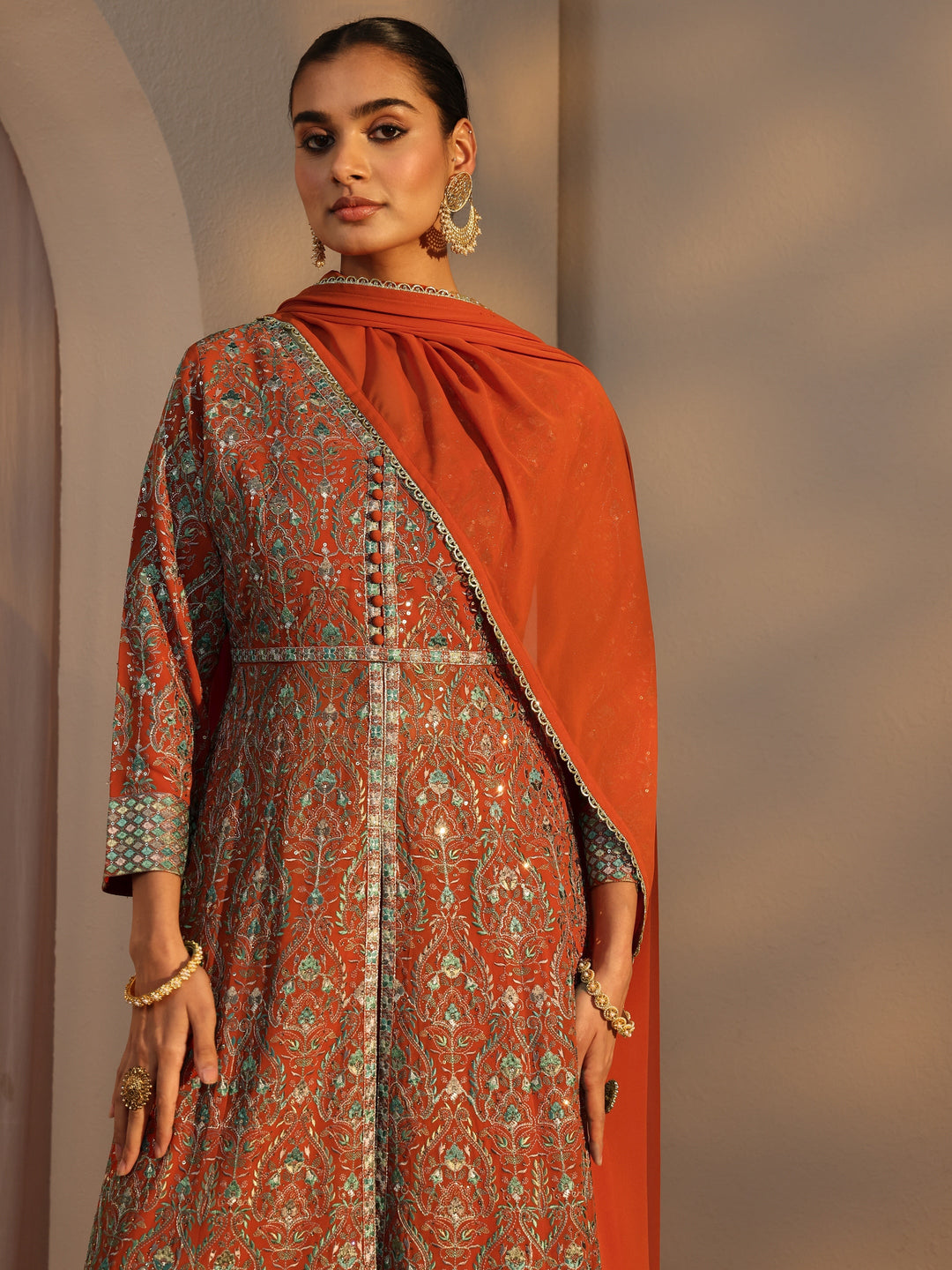 Libas Art Orange Embroidered Georgette A-Line Suits Set With Dupatta