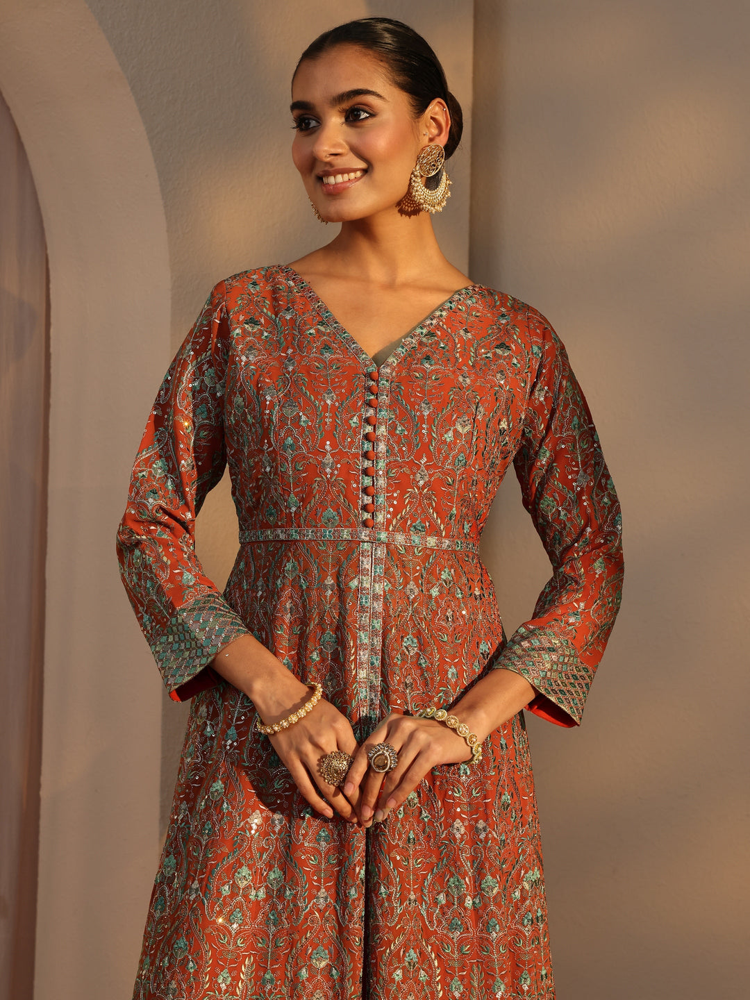 Libas Art Orange Embroidered Georgette A-Line Suits Set With Dupatta