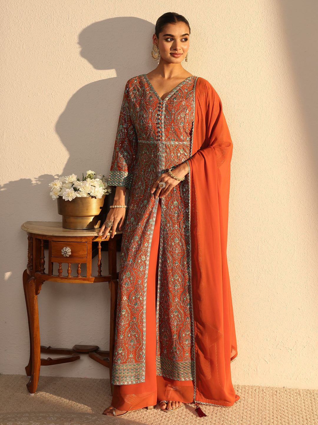 Libas Art Orange Embroidered Georgette A-Line Suits Set With Dupatta