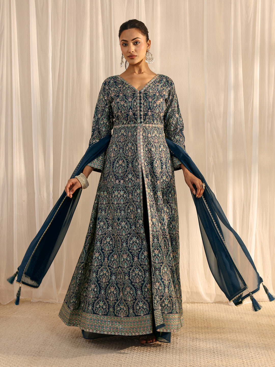 Libas Art Blue Embellished Georgette A-Line Palazzo Suit Set With Dupatta