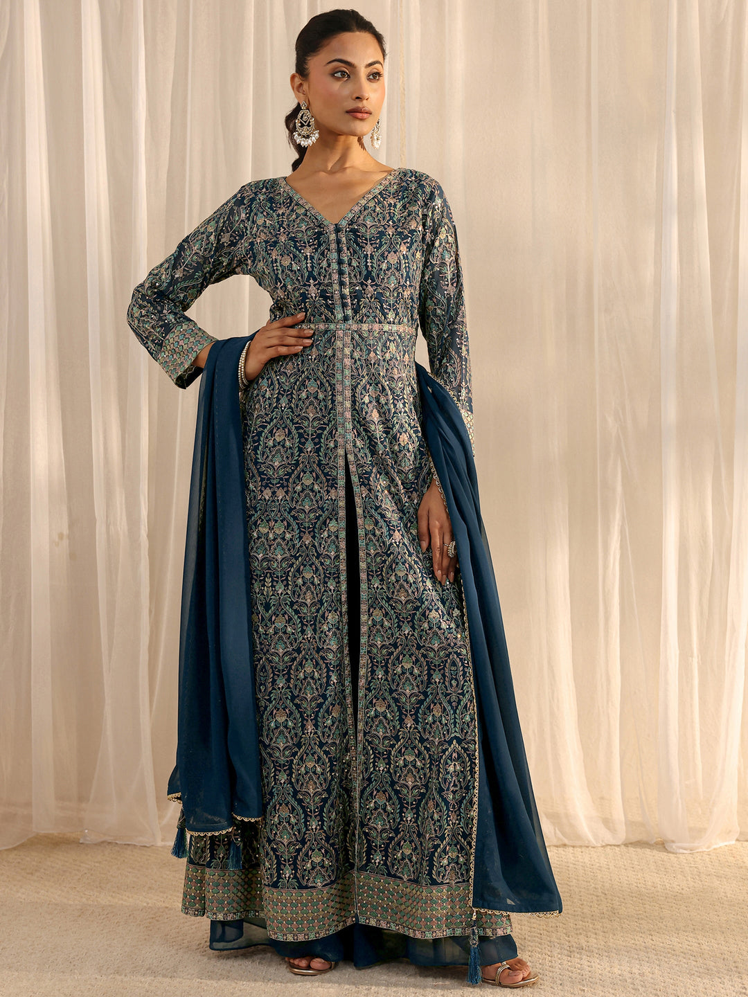 Libas Art Blue Embellished Georgette A-Line Palazzo Suit Set With Dupatta