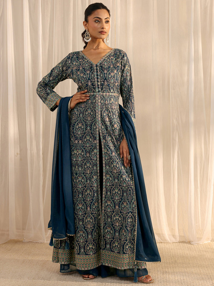 Libas Art Blue Embellished Georgette A-Line Palazzo Suit Set With Dupatta