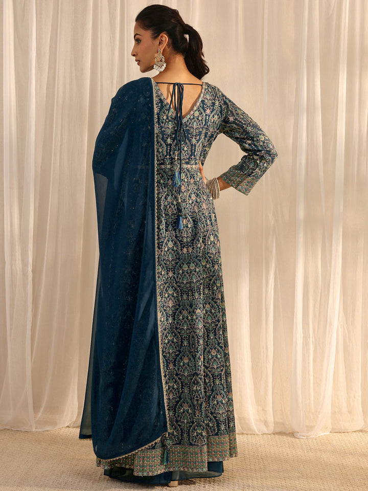 Libas Art Blue Embellished Georgette A-Line Palazzo Suit Set With Dupatta