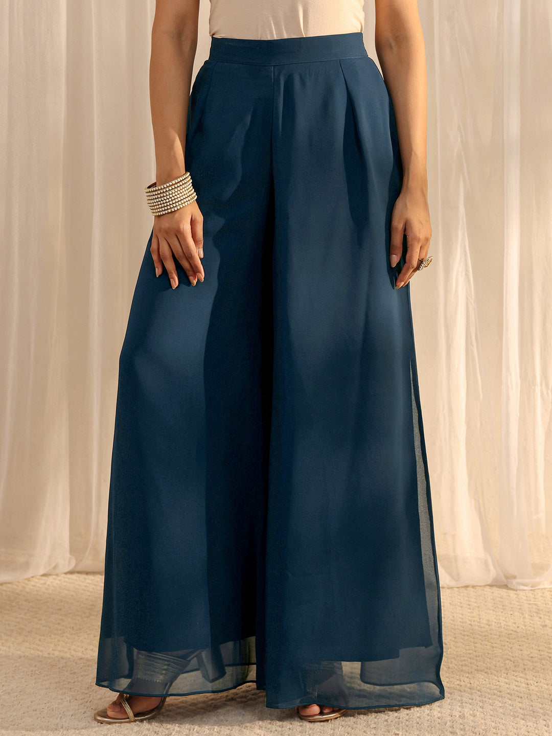 Libas Art Blue Embellished Georgette A-Line Palazzo Suit Set With Dupatta