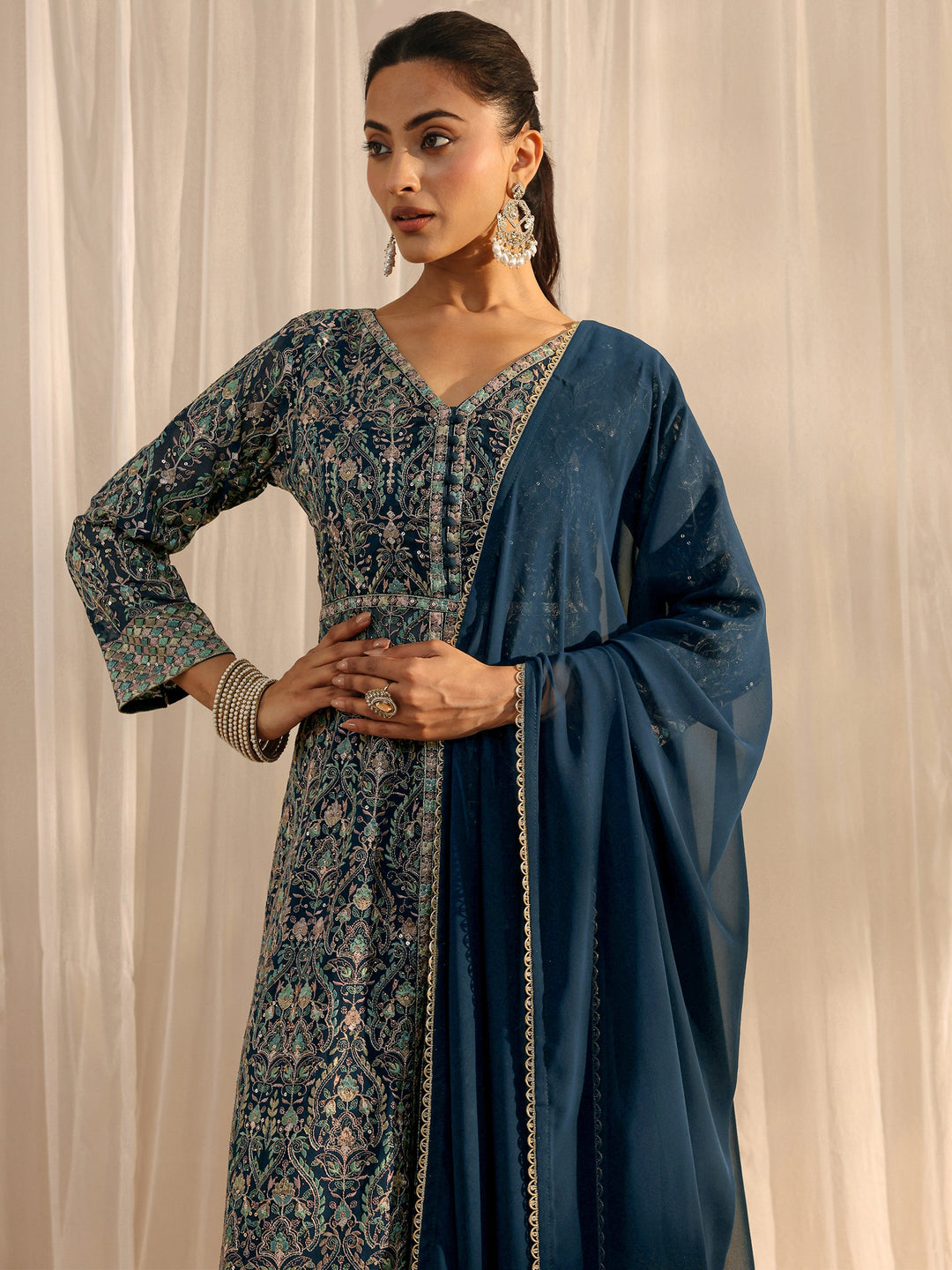 Libas Art Blue Embellished Georgette A-Line Palazzo Suit Set With Dupatta