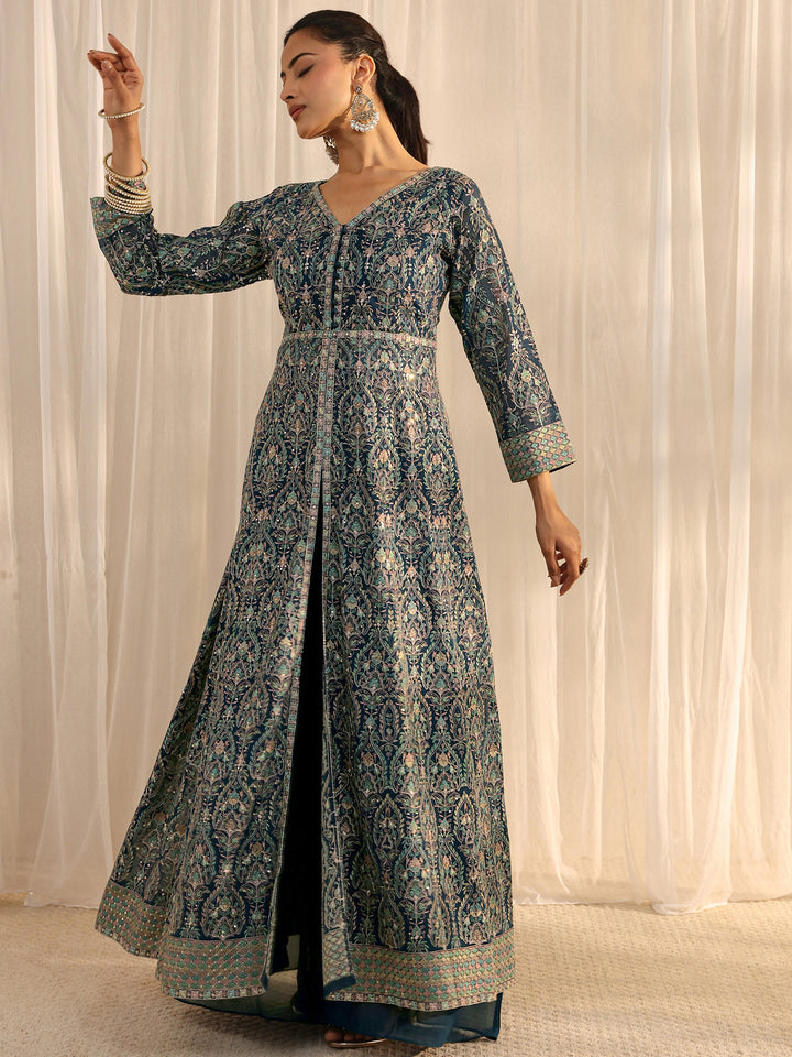 Libas Art Blue Embellished Georgette A-Line Palazzo Suit Set With Dupatta