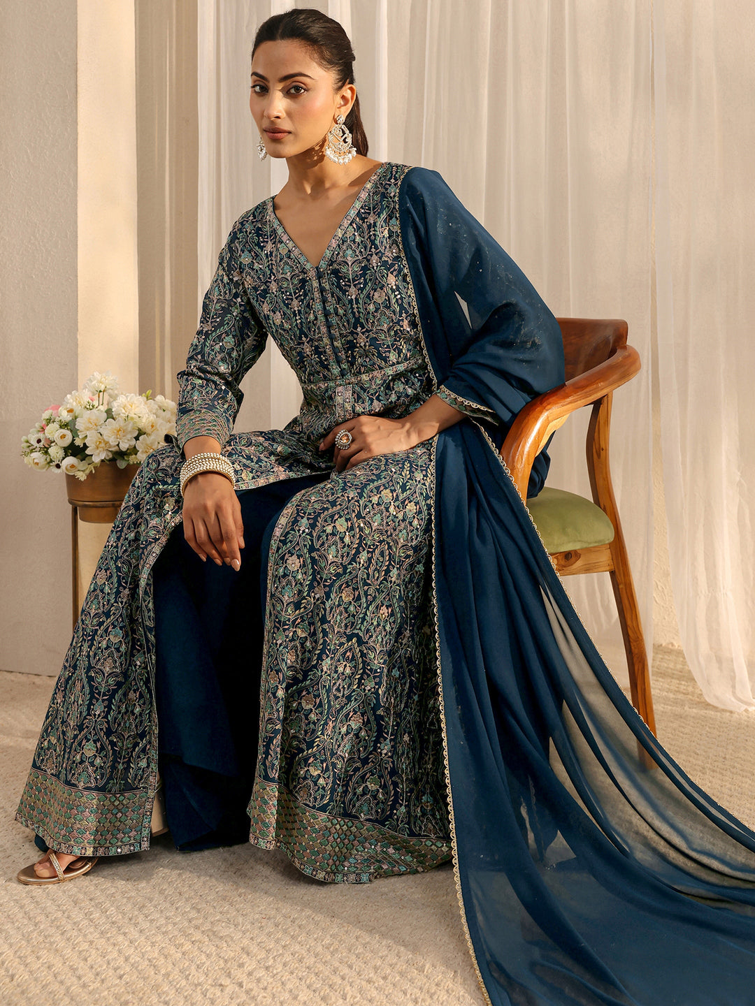 Libas Art Blue Embellished Georgette A-Line Palazzo Suit Set With Dupatta