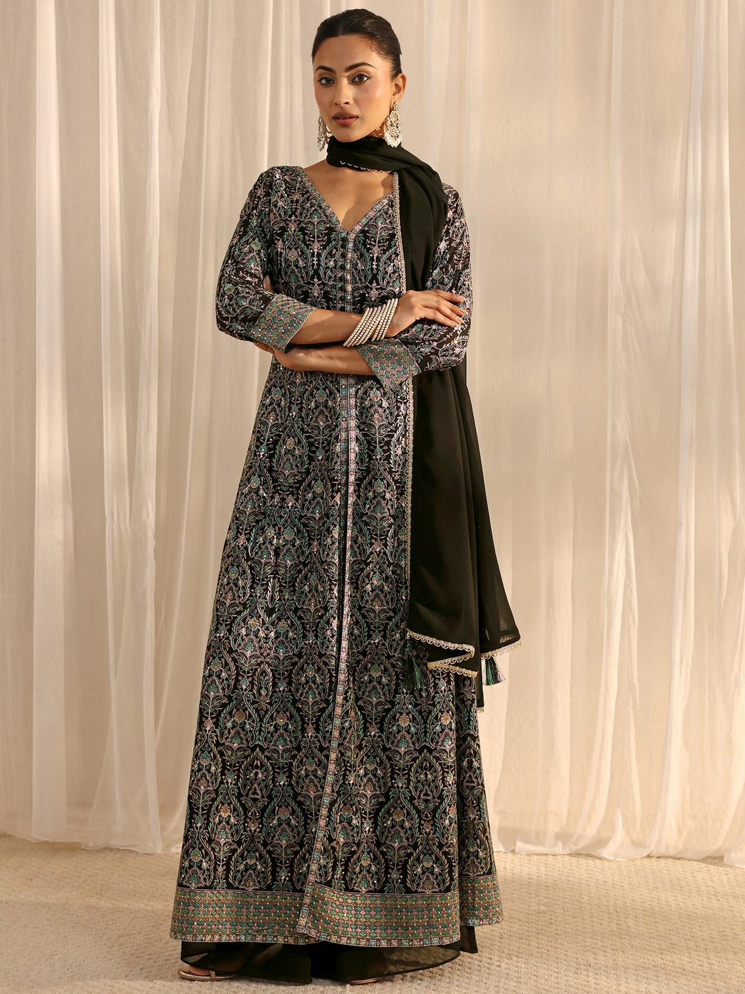 Libas Art Black Embellished Georgette A-Line Palazzo Suit Set With Dupatta