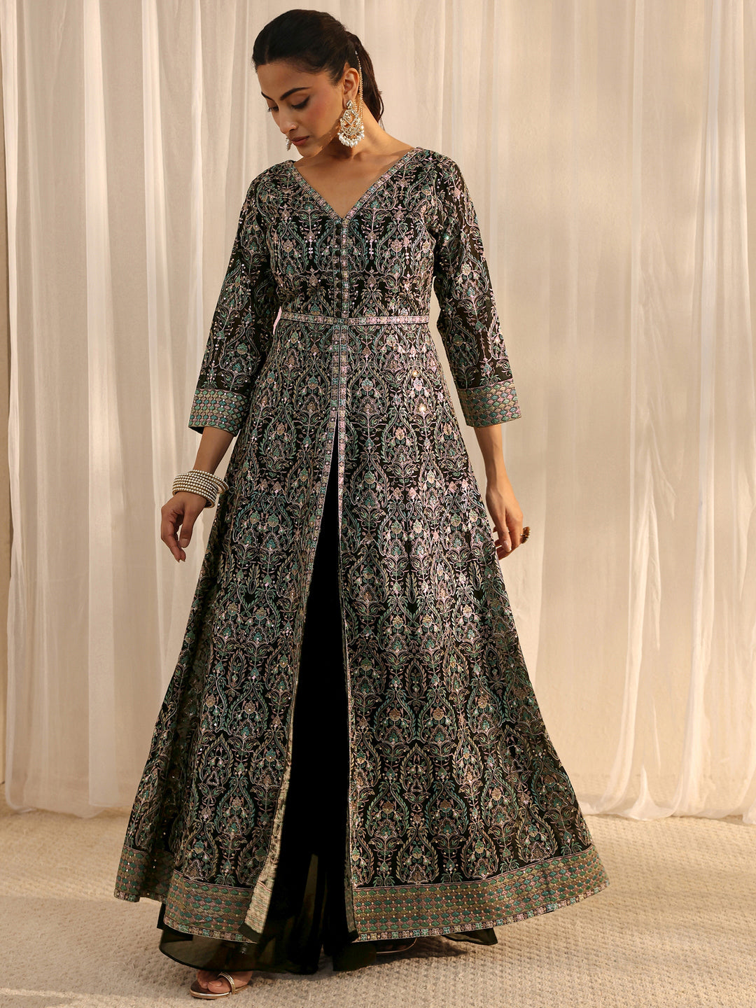 Libas Art Black Embellished Georgette A-Line Palazzo Suit Set With Dupatta