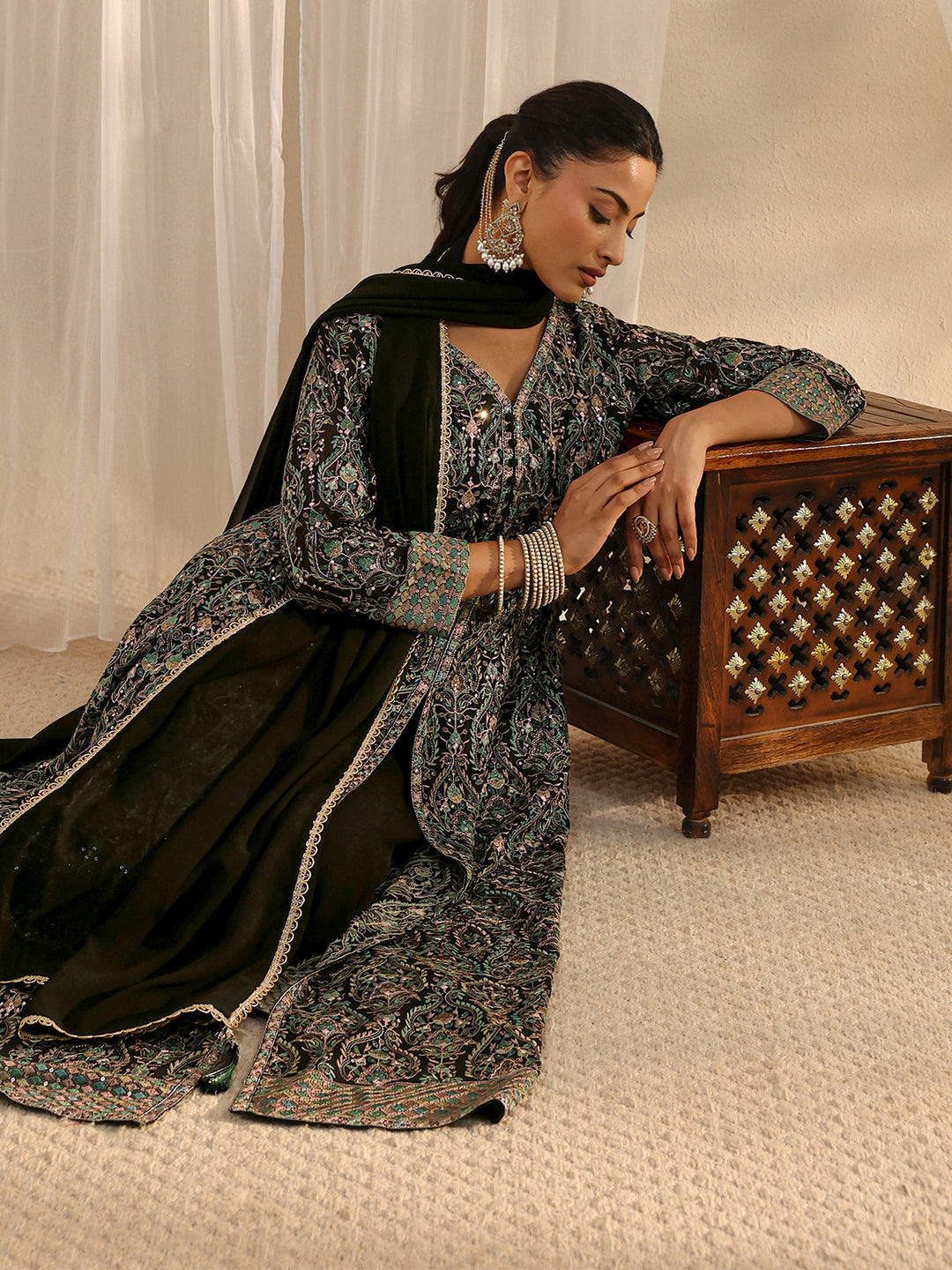 Libas Art Black Embellished Georgette A-Line Palazzo Suit Set With Dupatta