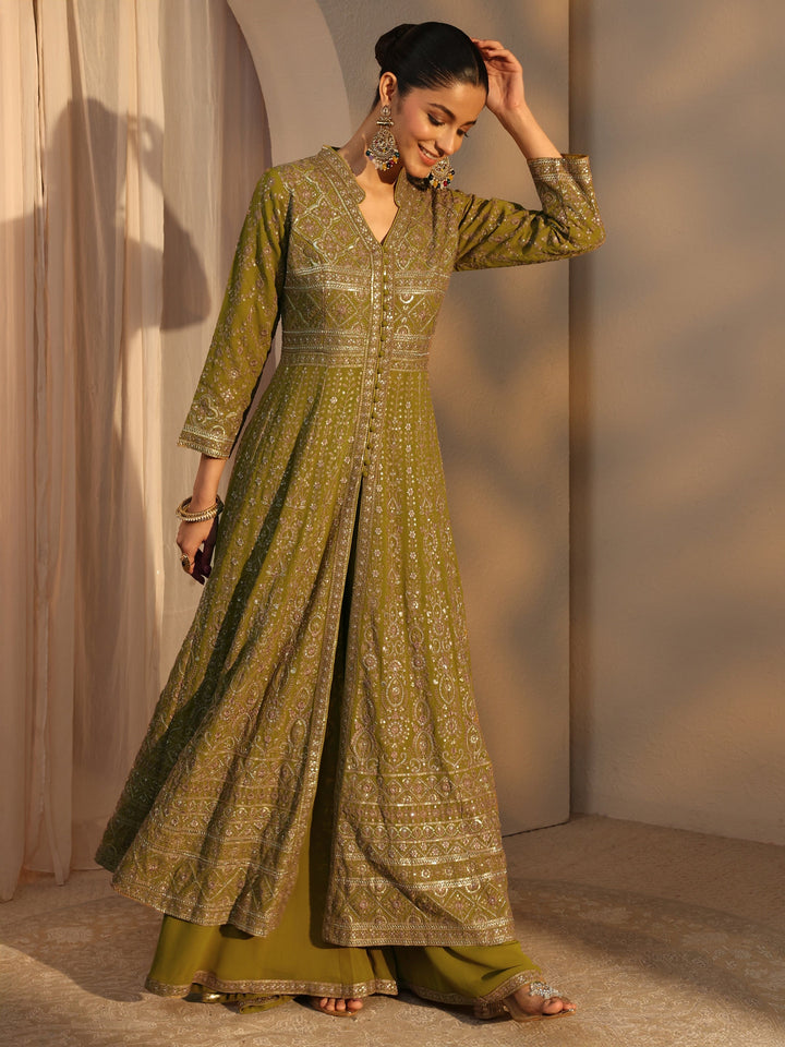 Libas Art Green Embroidered Georgette A-Line Suits Set With Dupatta