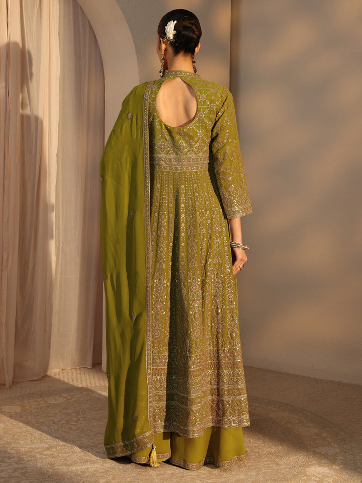 Libas Art Green Embroidered Georgette A-Line Suits Set With Dupatta