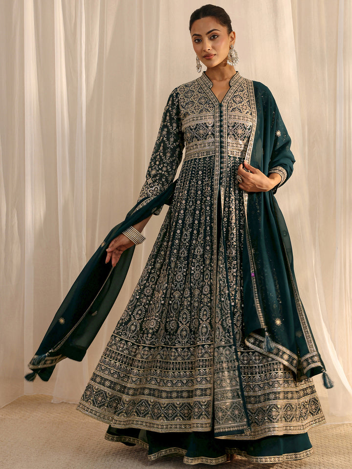 Libas Art Teal Embellished Georgette A-Line Palazzo Suit Set With Dupatta