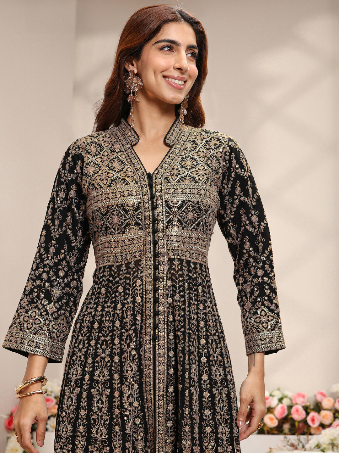 Libas Art Black Floral Embroidered Georgette A-Line Suit Set With Dupatta