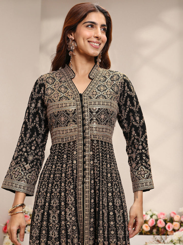 Libas Art Black Floral Embroidered Georgette A-Line Suit Set With Dupatta