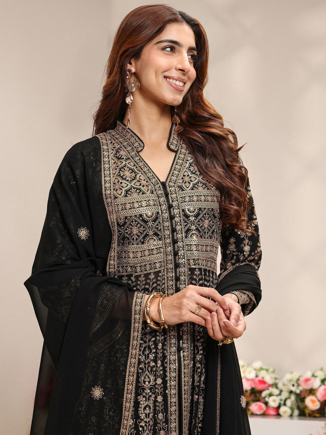 Libas Art Black Floral Embroidered Georgette A-Line Suit Set With Dupatta