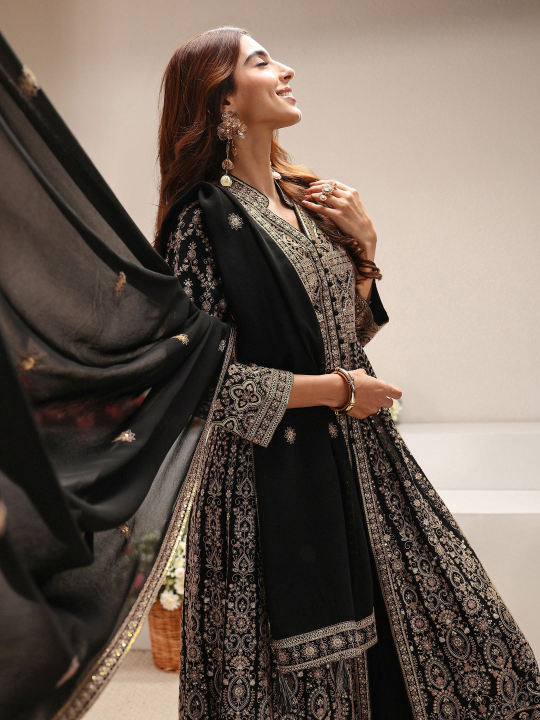 Libas Art Black Floral Embroidered Georgette A-Line Suit Set With Dupatta