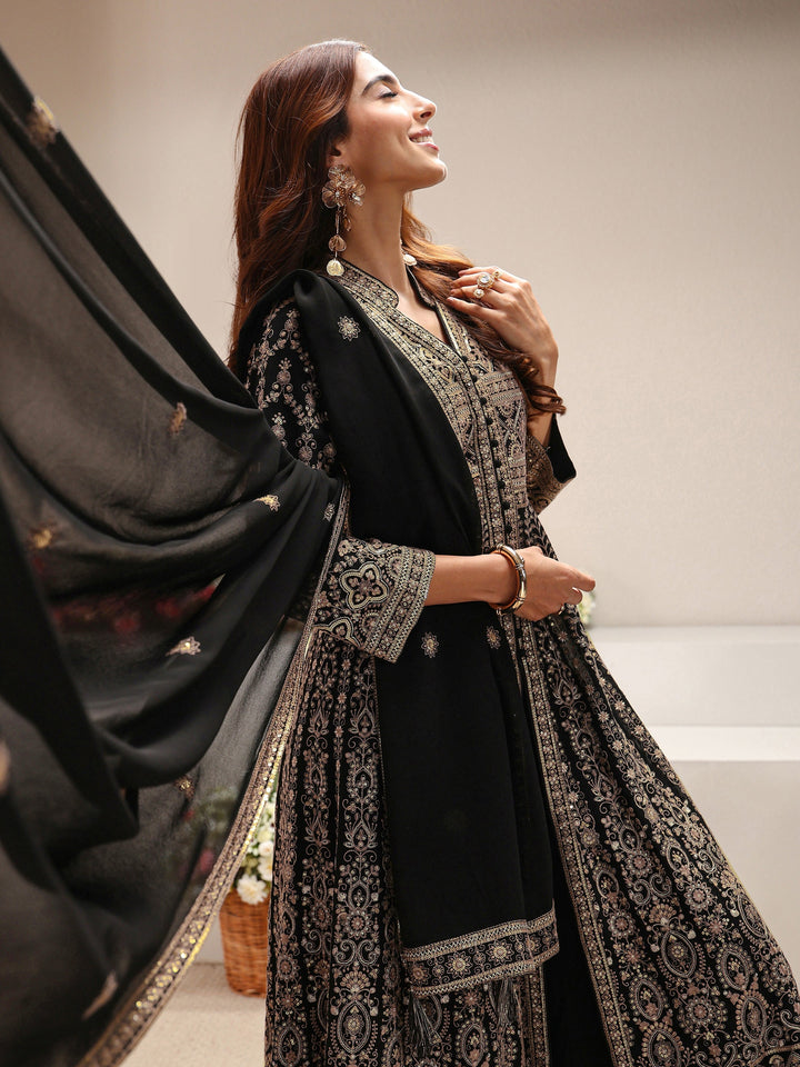 Libas Art Black Floral Embroidered Georgette A-Line Suit Set With Dupatta