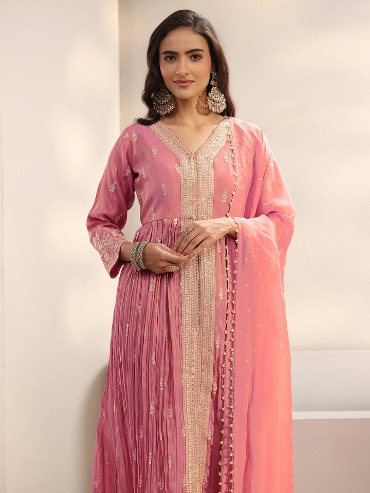 Libas Art Pink Floral Embellished Silk Blend Anarkali Suit Set With Dupatta